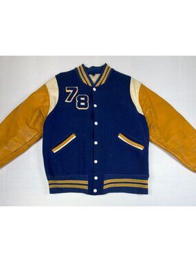 Vintage 70s Varsity Jacket Men L Blue Gold Wool Leather Sleeves Made in USA 1978